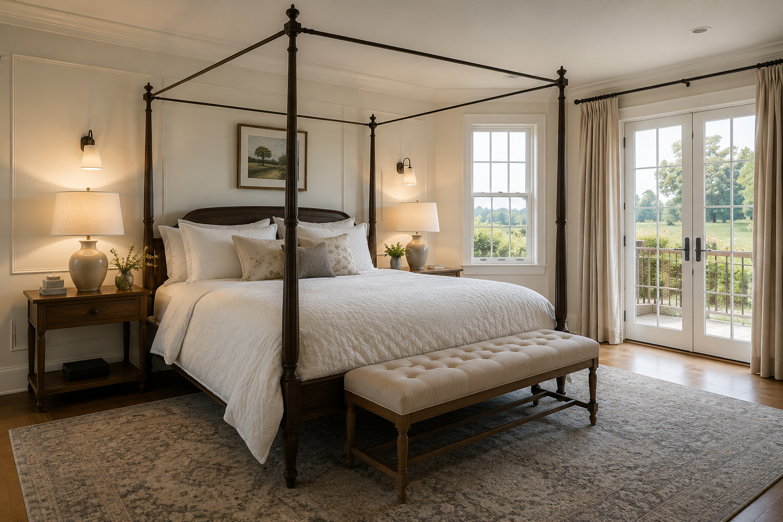 A bedroom with a large four-poster bed with white bedding, a beige tufted bench at the foot, two bedside tables with lamps, a window and glass door with curtains opening to a view of greenery outside.