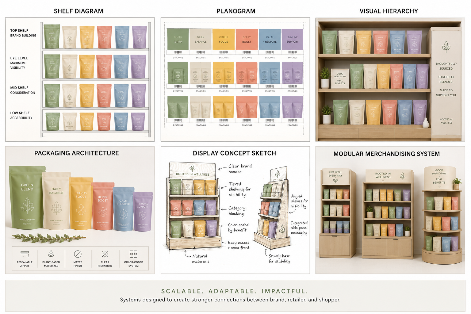 A detailed infographic showing a shelf diagram, planogram, visual hierarchy, packaging architecture, display concept sketch, and modular merchandising system for a brand called 'Rooted in Wellness,' emphasizing product organization, branding, and display strategies.