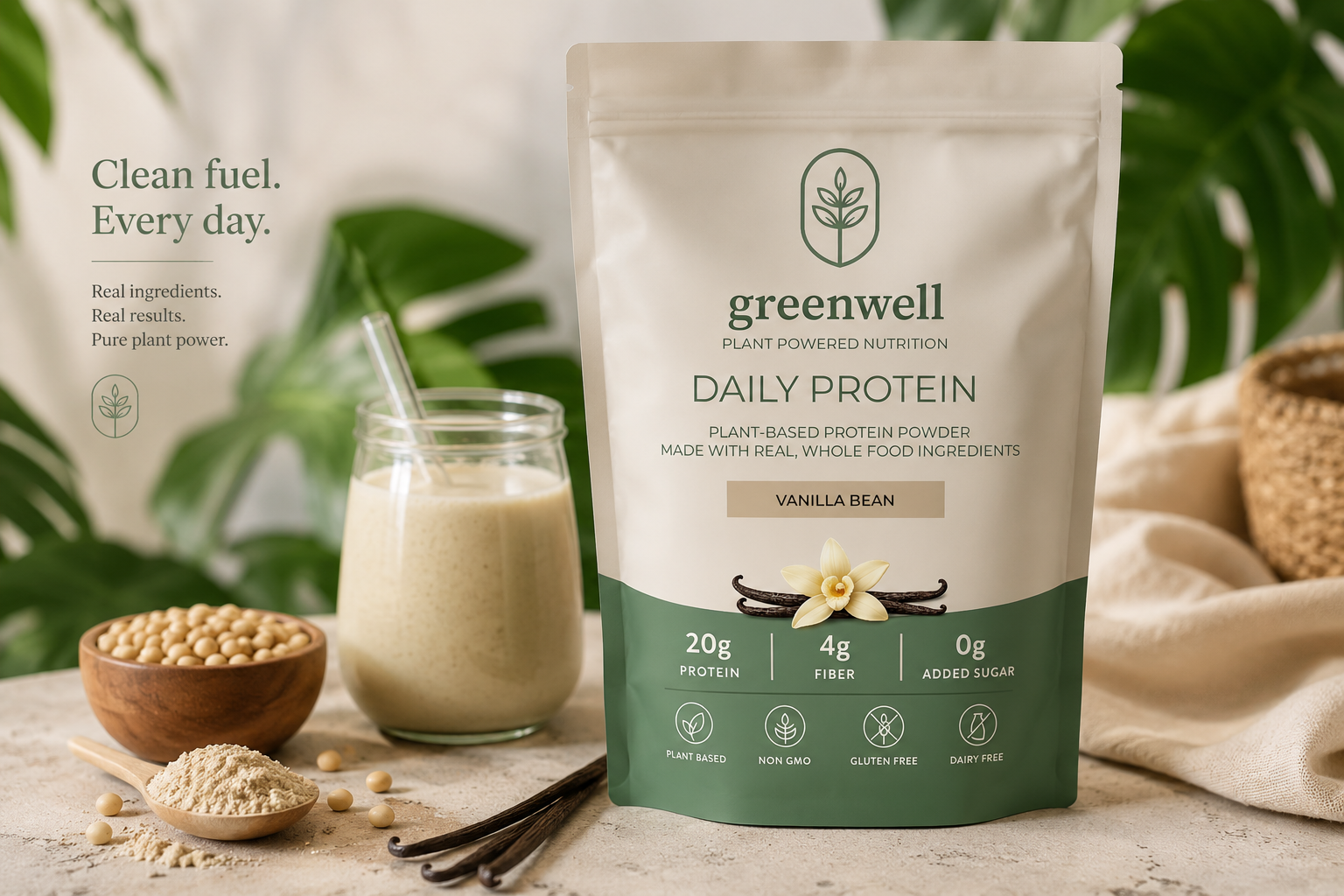 Greenwell plant-powered nutrition daily protein vanilla bean powder package with vanilla beans and vanilla-flavored shake beside it, surrounded by soybeans, powder, vanilla pods, and fern leaves.