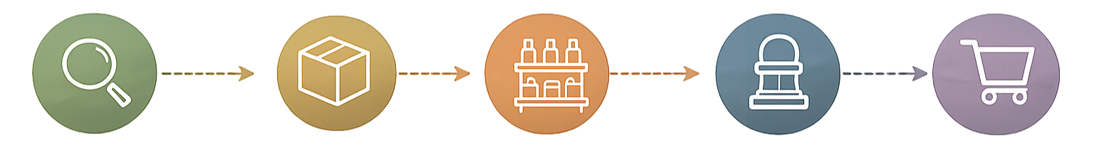 Illustration of a supply chain process with icons representing search, package, bottles, warehouse, stamp, shopping cart.