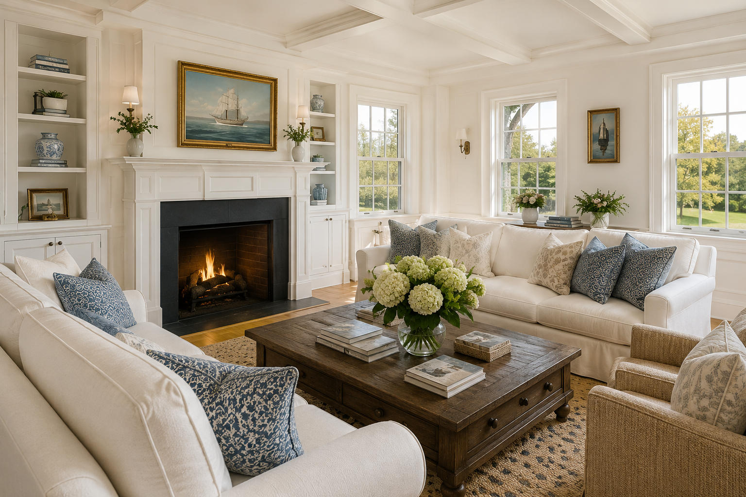 A cozy living room with a lit fireplace, white sofas with blue and patterned pillows, a wooden coffee table with books and floral arrangements, large windows with a view of greenery outside, built-in white shelves, and framed artwork on the walls.