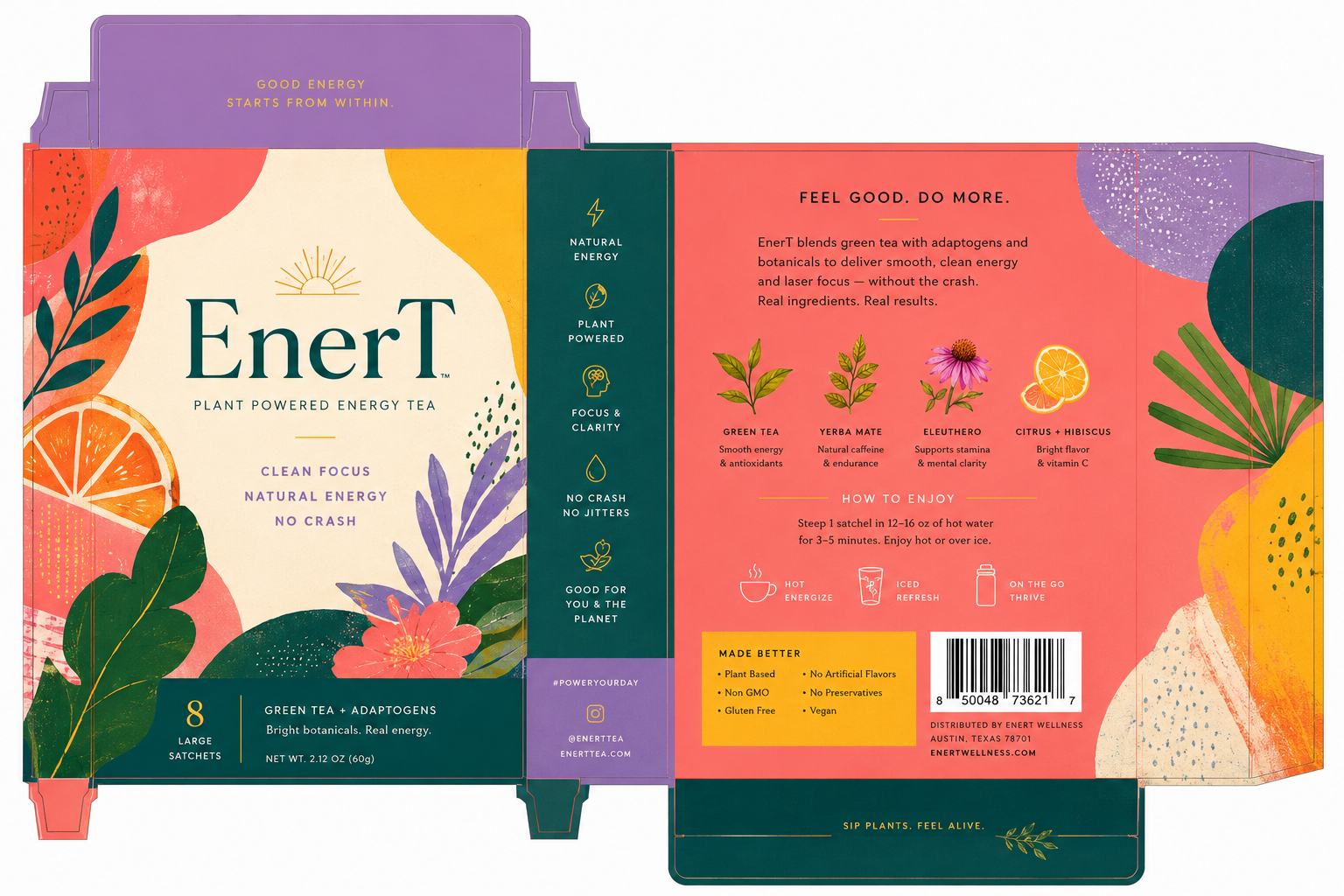 A colorful tea box packaging for Enert, a plant-powered energy tea. The front features illustrations of citrus and botanical elements with the text indicating it's a green tea with adaptogens, highlighting benefits like natural energy and no crash. The side provides details on ingredients and how to prepare the tea, along with icons and text emphasizing natural energy, plant power, focus, clarity, and environmental benefits.