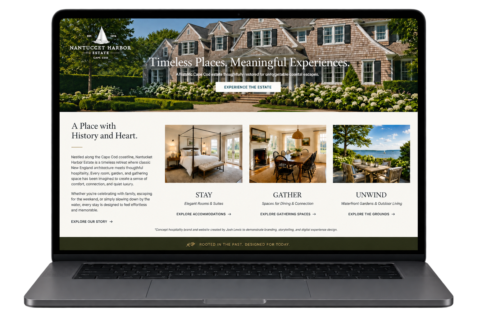 Website homepage for Nantucket Harbor Estate, featuring an image of a large house with a garden, a navigation menu, and sections for Stay, Gather, and Unwind with relevant images of a bedroom, a dining area, and a waterfront garden.