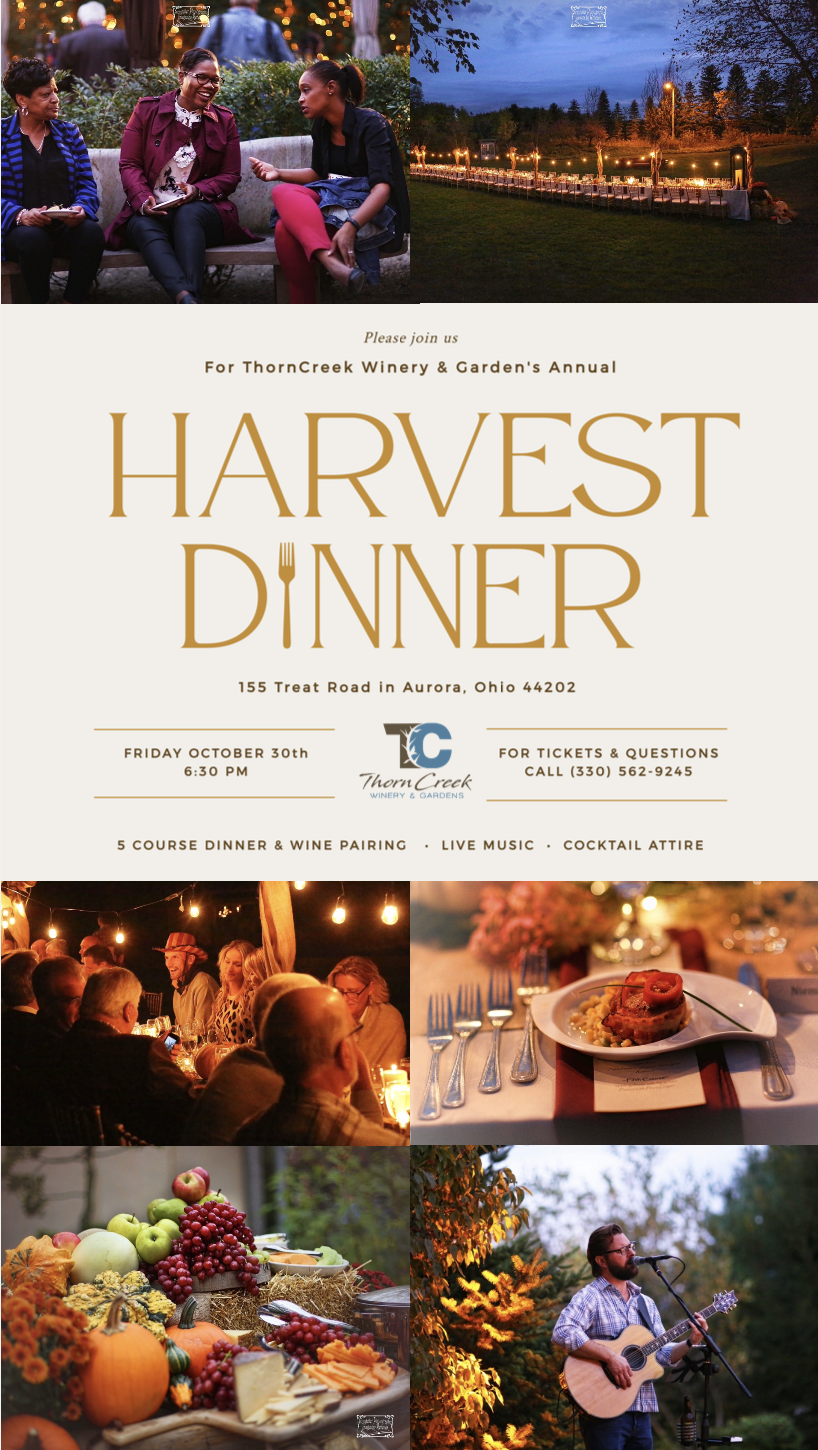 Invitation for ThornCreek Winery & Garden's annual Harvest Dinner featuring an outdoor evening scene, a seated group of people, a dinner table with food, a display of fresh produce, and a musician performing outdoors at dusk.