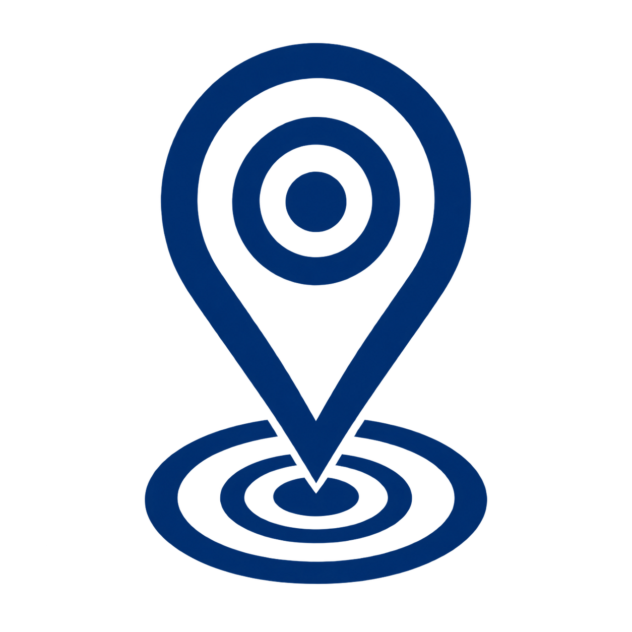 Blue location pin icon with concentric circles on a black background.