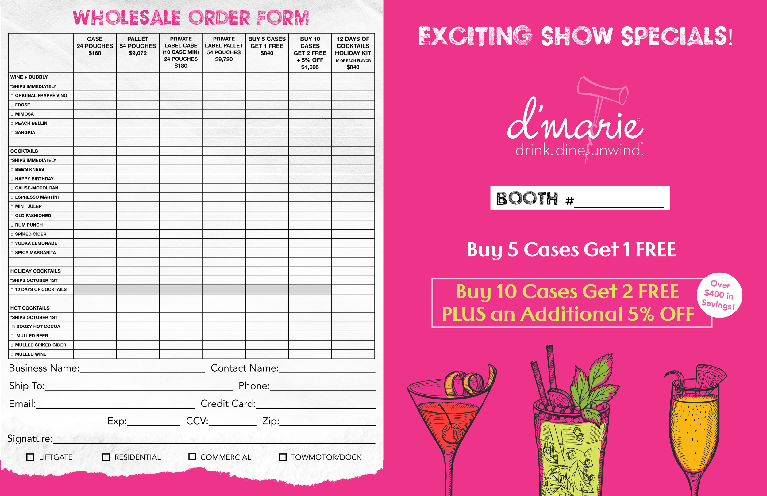 A wholesale order form with pricing and ordering options for drinks including wine, cocktails, holiday cocktails, hot cocktails, and other beverages. The form includes fields for business name, contact name, shipping details, phone number, email, credit card information, and order specifications. The right side of the image features bright pink promotional text for show specials, including buy 5 cases get 1 free, buy 10 cases get 2 free plus 5% off, and mentions over $400 in savings, with colorful illustrations of cocktails and drinks.