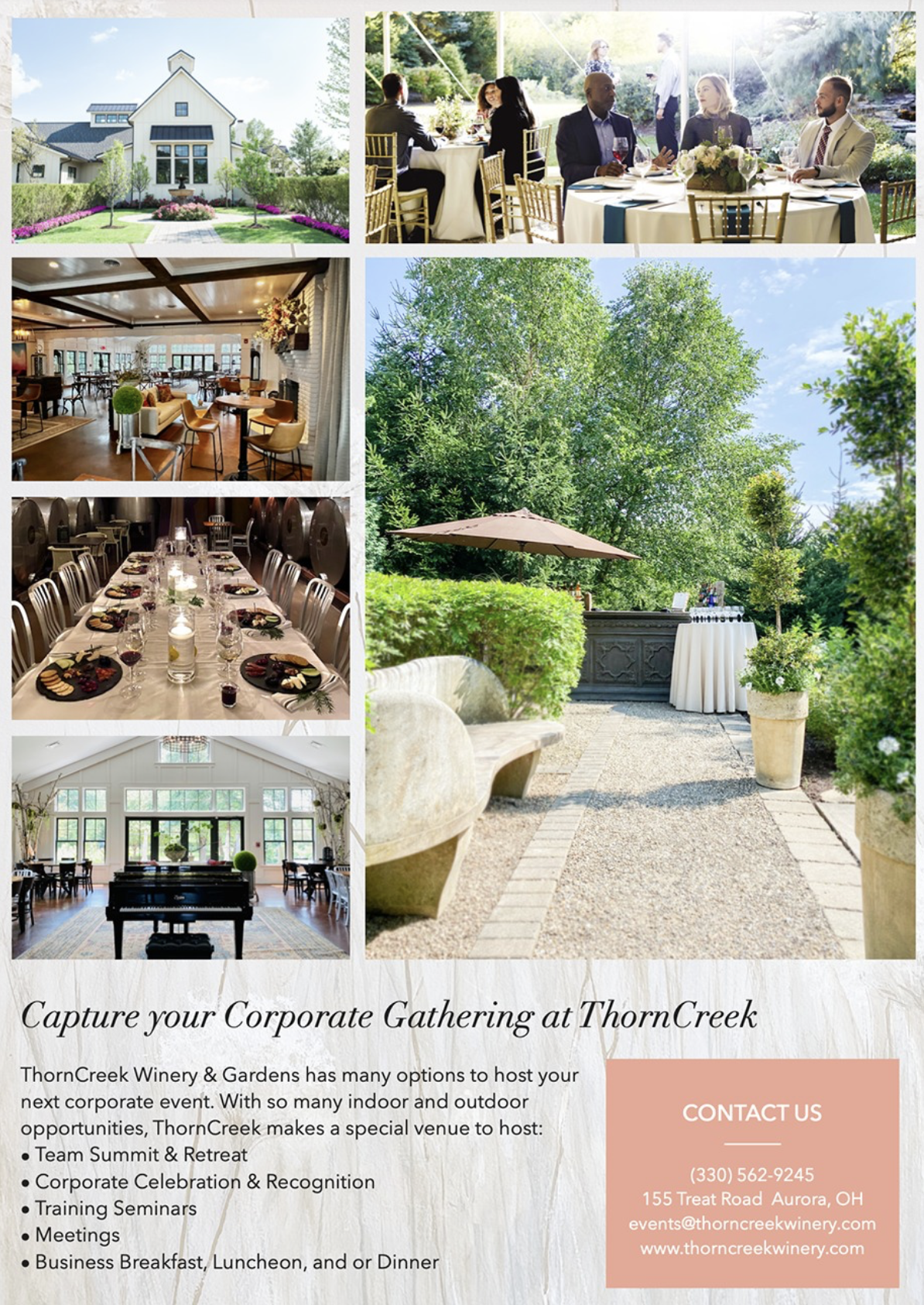 Collage of images of a beautiful estate with outdoor gardens, indoor event spaces including a dining area, a banquet hall, a music room with piano, and a garden patio with a table and umbrella, promoting ThornCreak Winery & Gardens for corporate events.
