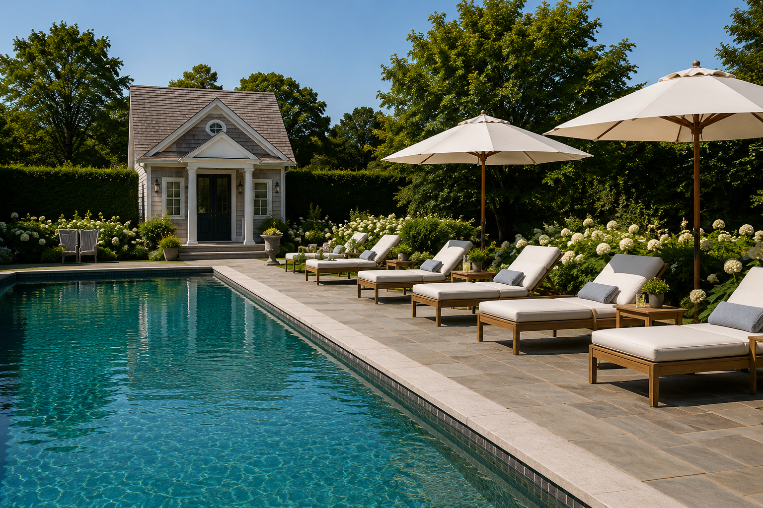 A backyard scene featuring a swimming pool with six white lounge chairs under umbrellas, surrounded by lush greenery and white flowers, with a small house or pool house in the background.