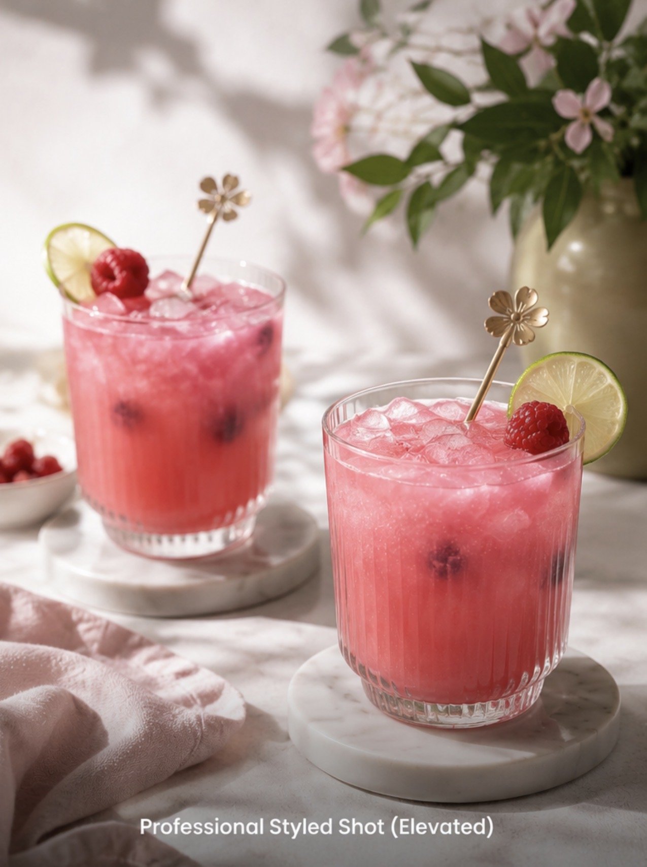 Two pink raspberry drinks with ice, garnished with lime slices and raspberries, placed on marble coasters with a vase of pink flowers in the background.