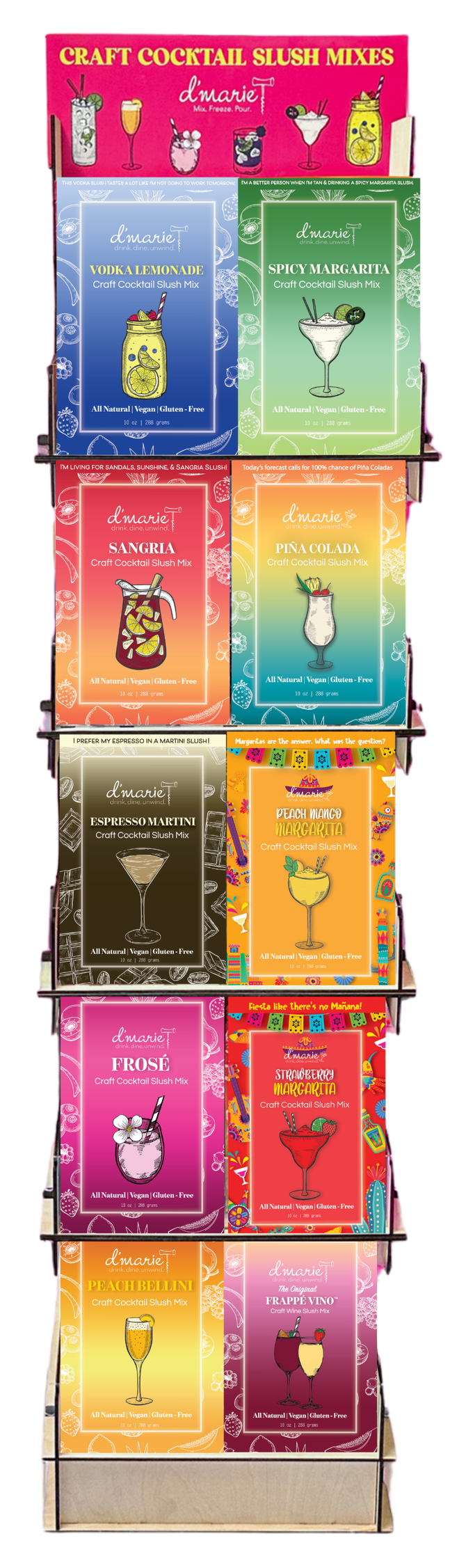Display of craft cocktail slush mixes including vodka lemonade, spicy margarita, sangria, piña colada, espresso martini, peach mango margarita, strawberry margarita, peach bellini, and a frosé, arranged on a multi-tiered stand.