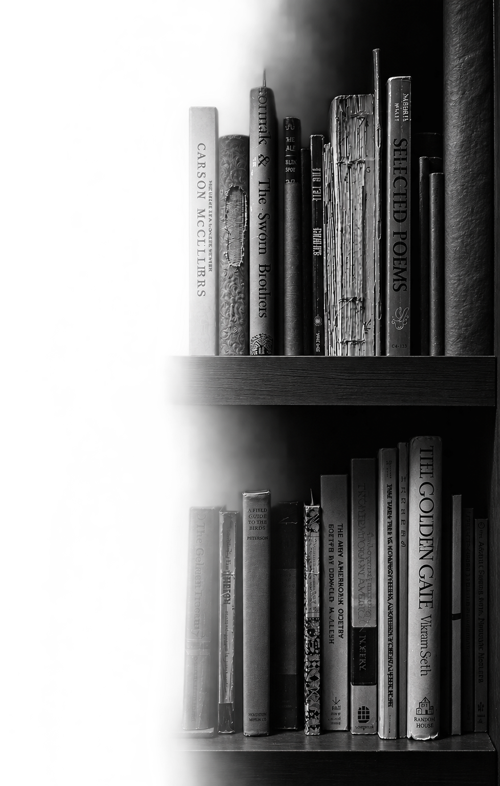 Black and white photograph of two shelves filled with books, including titles like "Selected Poems" and "The Golden Gate".