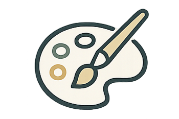 An artist's palette with three dabs of color and a paintbrush placed across it.