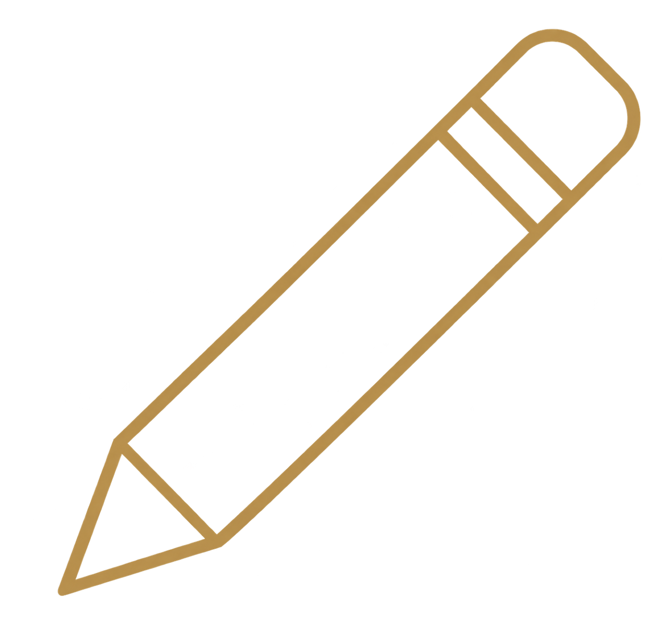 A 3D illustration of a pencil with a gold outline and transparent filling.