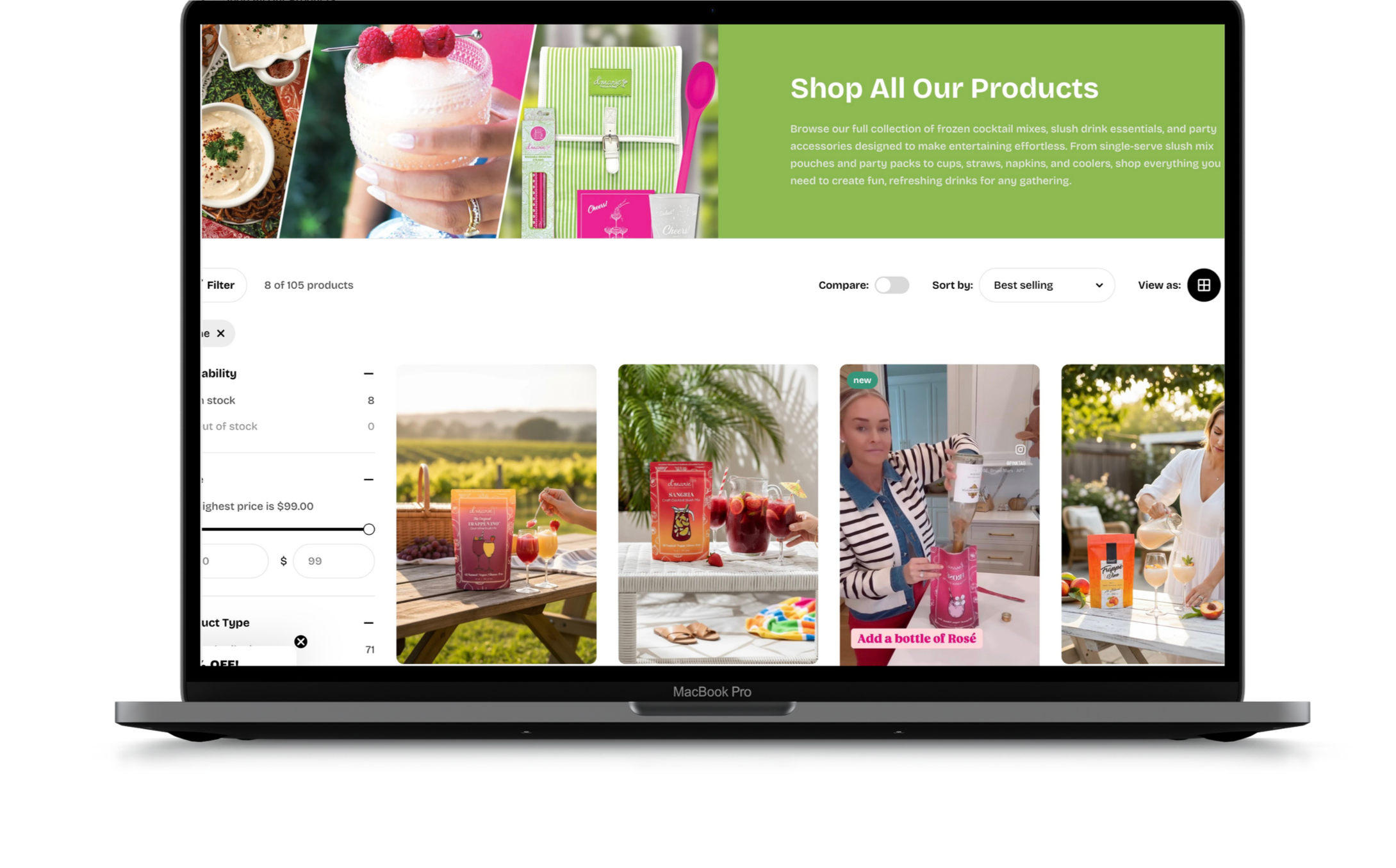 A laptop screen displaying an online store webpage for frozen cocktail mixes and accessories. The top banner shows a hand holding a raspberry-topped cocktail, a lime green striped fabric, a pink spoon and a pink packaging box. Below the banner, products like fruit drinks, cocktail containers, and a woman holding a pink cocktail bag are visible, with options to filter and sort the product listings.