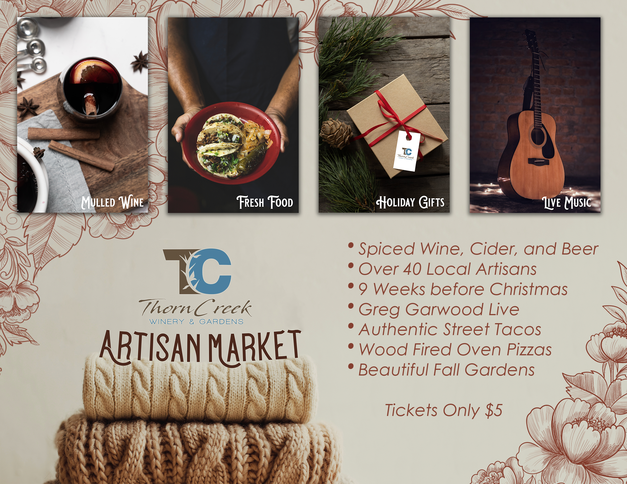Close-up of a promotional poster for an artisan market, featuring images of mulled wine, a plate of tacos, holiday gifts, and a live music guitar, with decorative fall-themed design elements.