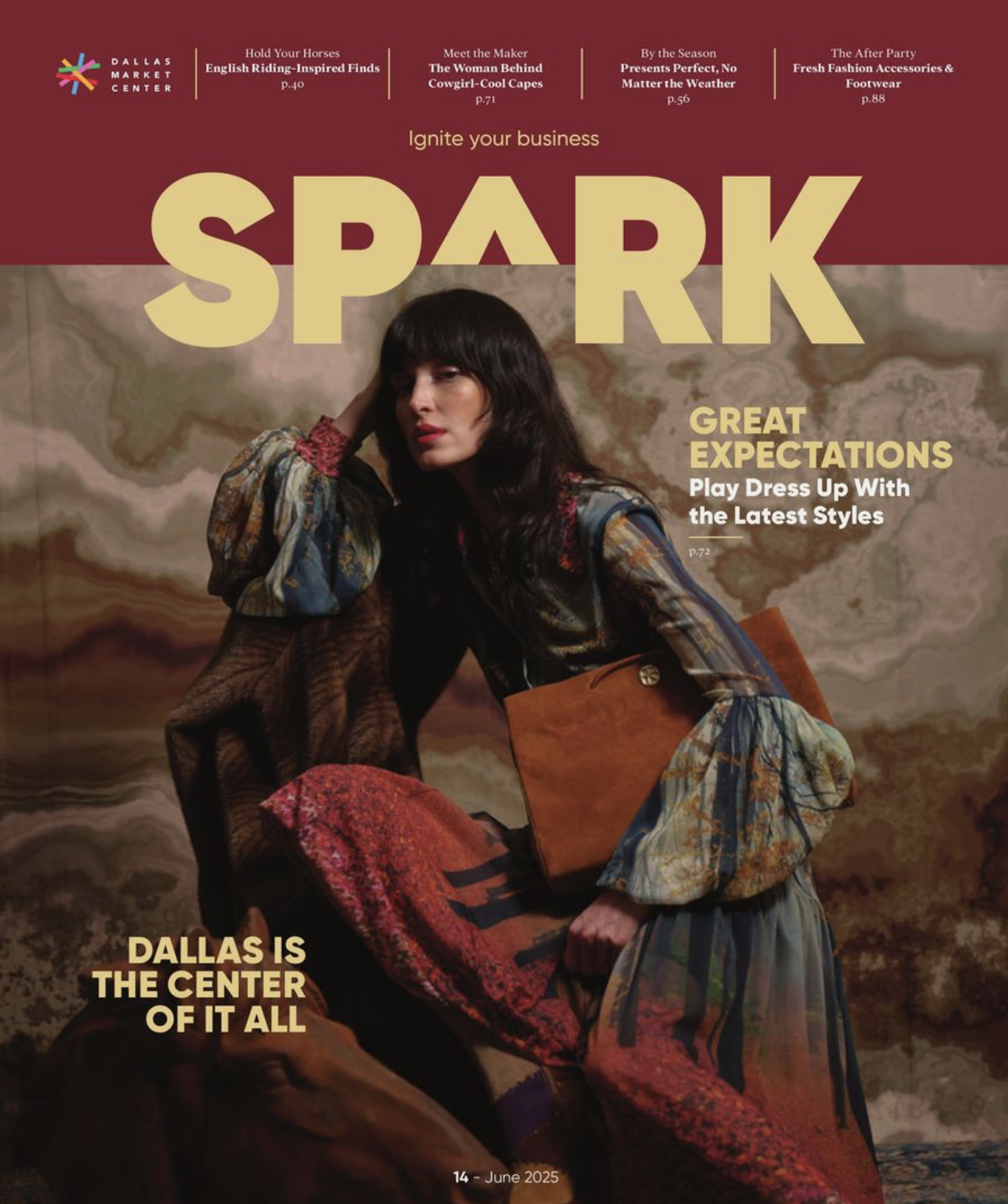 Cover of Dallas Market Center magazine featuring a woman in colorful fashion sitting on a large rock with a marbled background. Title "Spark" in large yellow letters, subheadings about business and fashion trends, June 2025 issue.