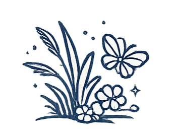 Illustration of a butterfly flying above a small cluster of flowers and grass with sparkles around.