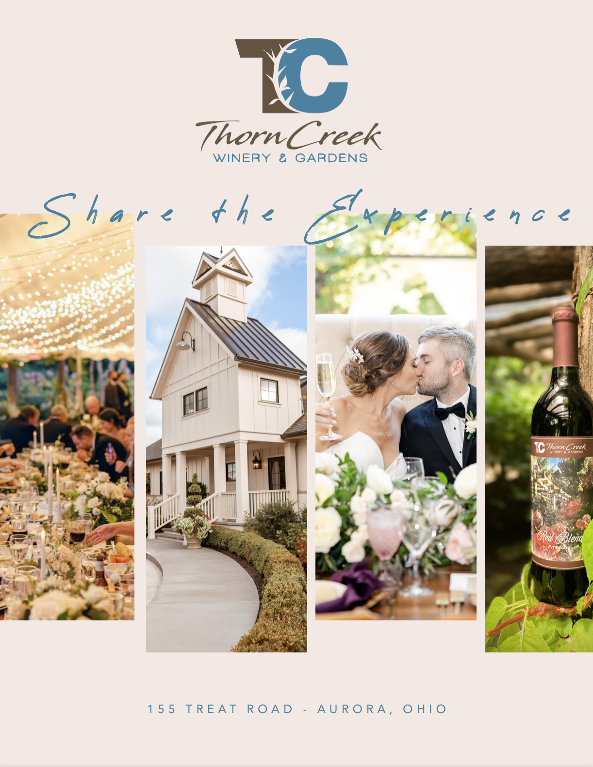 Flyer for Thorn Creek Winery & Gardens with photos of a wedding reception, a white chapel, a bride and groom kissing, and a wine bottle, with the address 155 Treat Road, Aurora, Ohio.