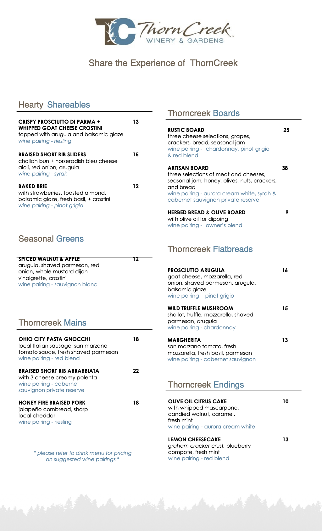 Menu for ThornCreek Winery & Gardens featuring shareable appetizers, boards, flatbreads, mains, and desserts with wine pairings.