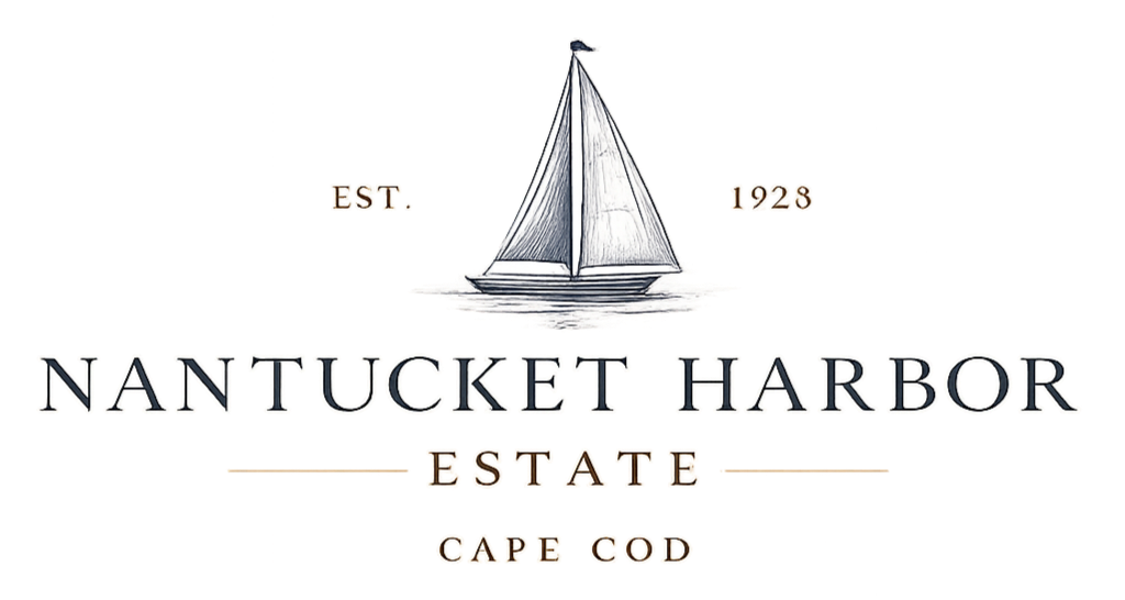 Logo for Nantucket Harbor, with a sailboat illustration and text indicating it was established in 1928, located in Cape Cod.