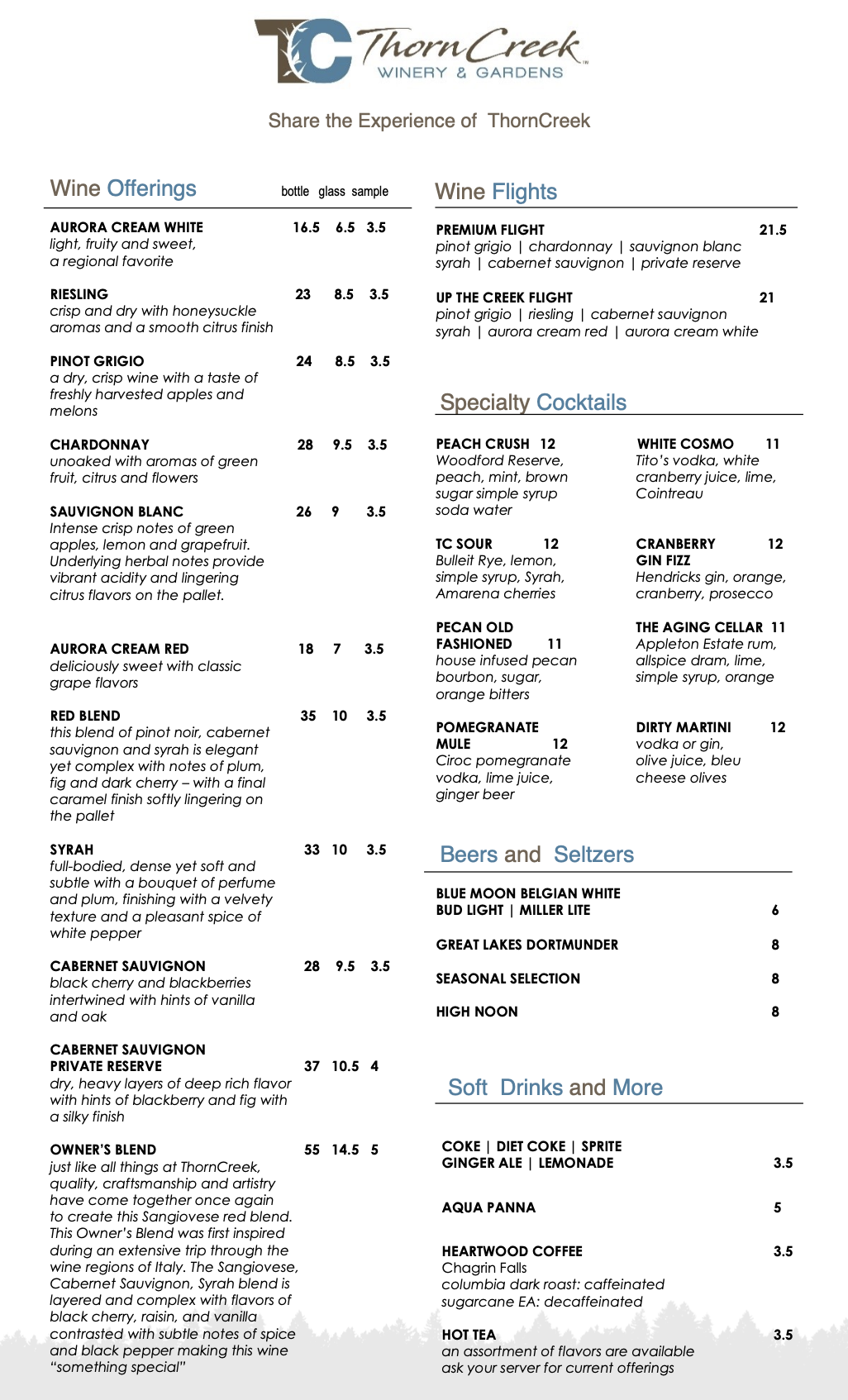 A wine menu from ThornCreek Winery & Gardens listing wine offerings, flights, specialty cocktails, beers, and soft drinks with prices and descriptions.