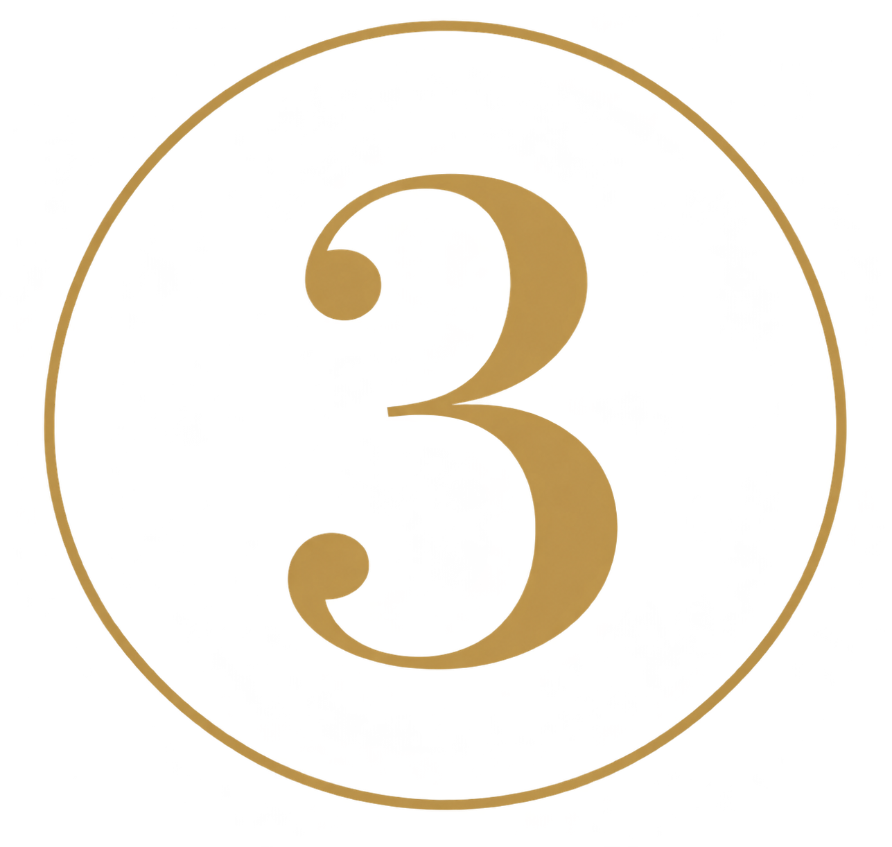 A gold number three inside a black circle with a gold border, resembling a vintage film countdown.