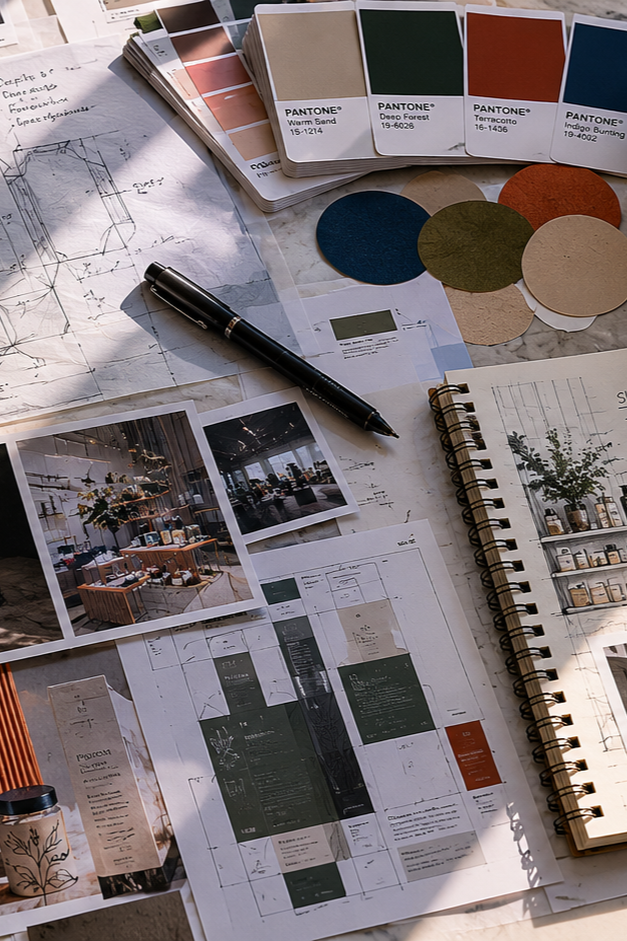 Design and color planning materials on a table, including Pantone color swatches, sketches, photographs, printed design layouts, a sketchbook, and a pen, for interior or product design.
