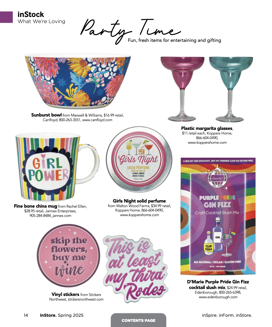 Collection of party items including a colorful Sunburst bowl, two plastic margarita glasses in pink and teal, a mug with rainbow stripes saying Girl Power, a Girls Night solid perfume tin, a pink sticker reading skip the flowers buy me wine, a sticker saying This is at least my third Rodeo, and a purple Pride Gin Fizz cocktail mix box.