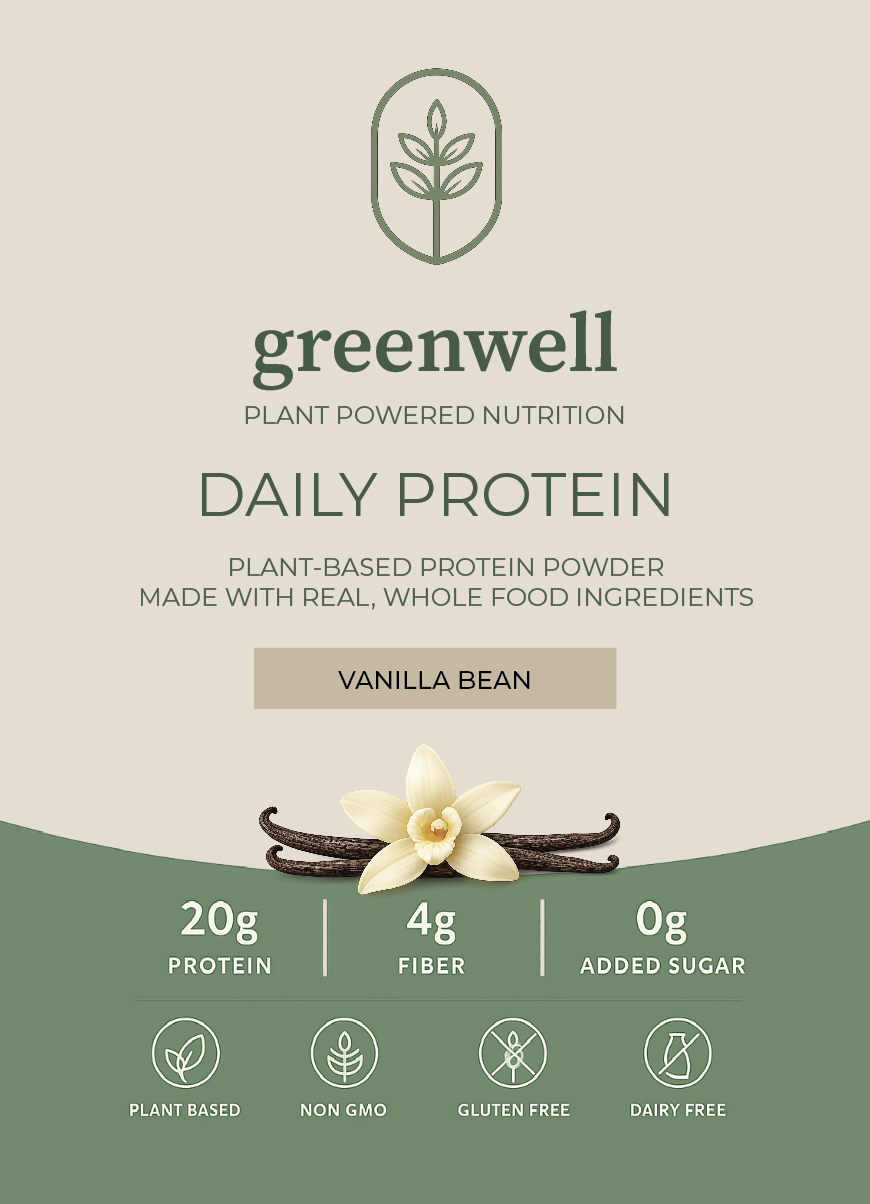 Label of Greenwell plant-based daily protein powder in vanilla bean flavor with vanilla flower and vanilla beans illustration, highlighting 20g protein, 4g fiber, 0g sugar, plant-based, non-GMO, gluten-free, and dairy-free ingredients.