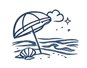 Beach with an umbrella, lounge chair, and shoreline during sunset