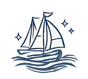 A sailboat with white sails on water, surrounded by stars or sparkles.