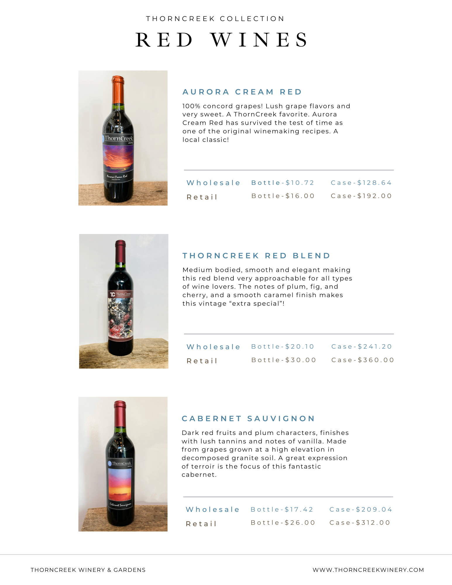 A wine menu displaying three bottles of red wine from ThornCreek Winery, with details on each wine's name, description, and pricing for wholesale and retail.