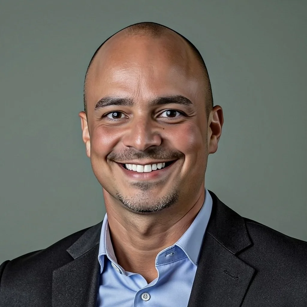 Headshot of a smiling man in business attire, wearing a dark blazer and light blue shirt, against a plain background.