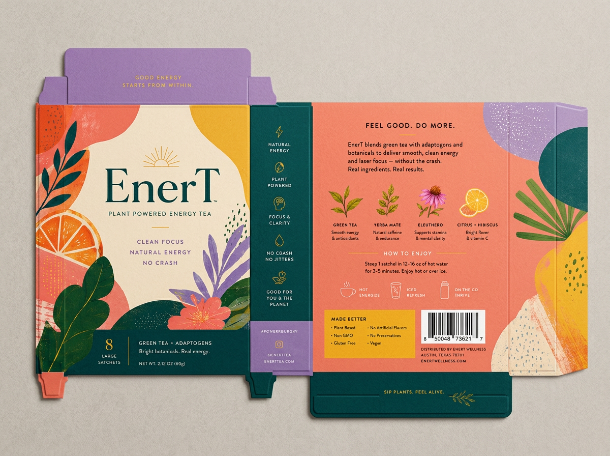 Colorful packaging for EnerT plant-powered energy tea with illustrations of citrus, flowers, and plants, and text describing ingredients and benefits.