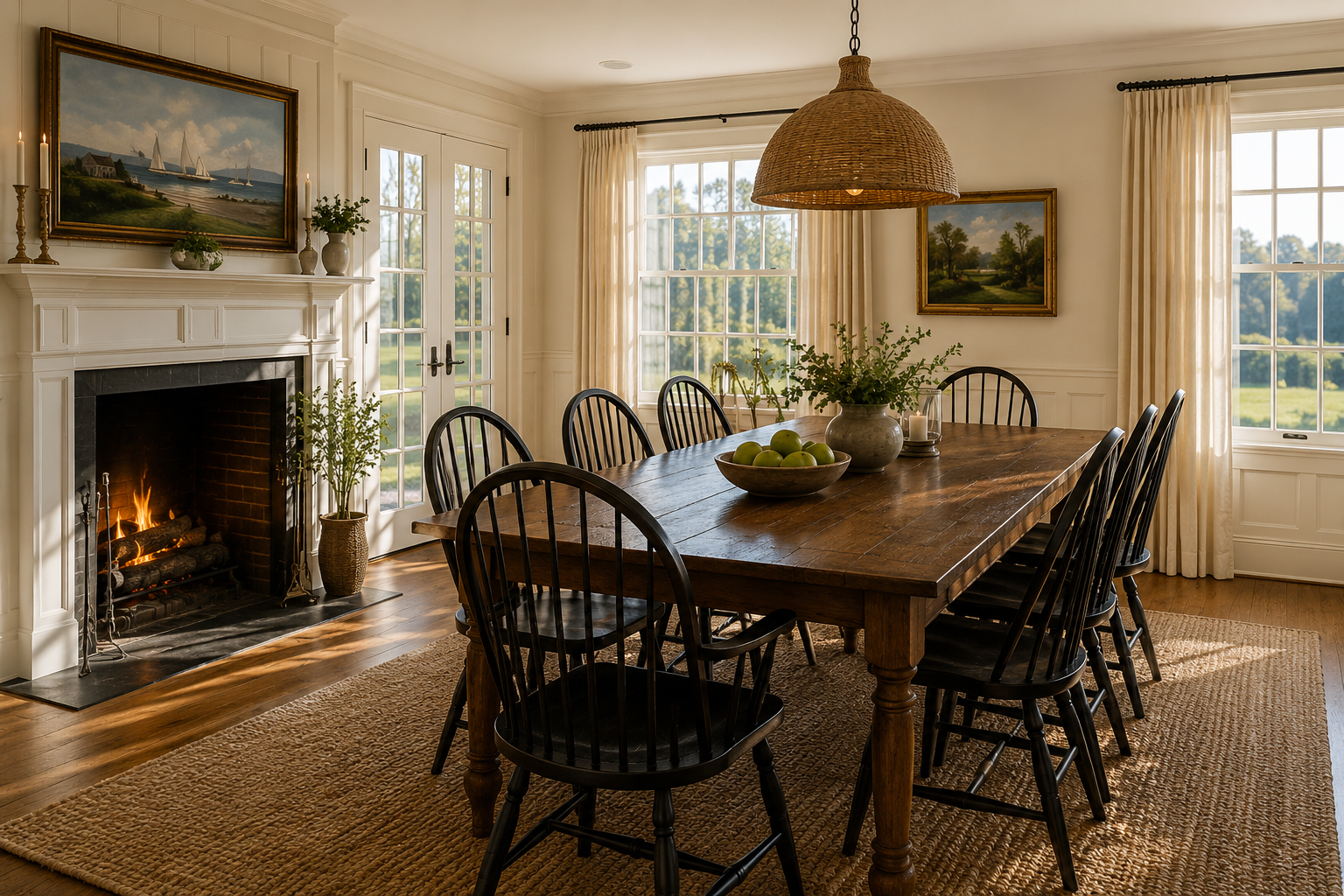 Bright dining room with large windows, a wooden table surrounded by black chairs, a fireplace, and artwork on the walls.