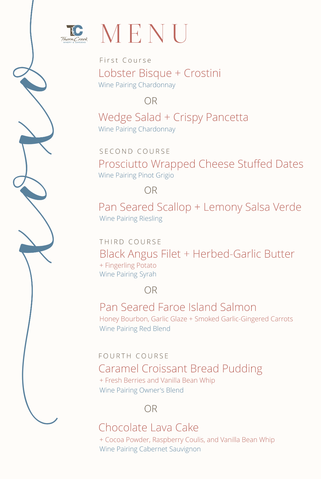 Wine pairing menu from Thorn Creek Winery & Gardens, listing a multi-course meal including seafood, steak, salmon, dessert, and wine pairings.