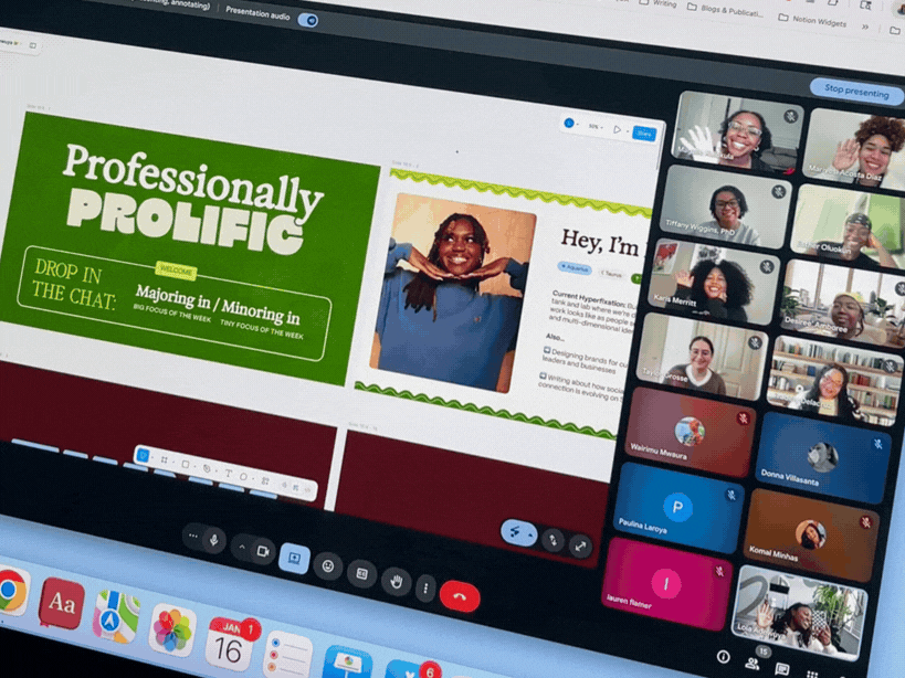Screenshot of a virtual meeting featuring a presentation slide titled 'Professionally PROLIFIC' with a green background, alongside a grid of participants smiling, waving, and engaging in the video call.