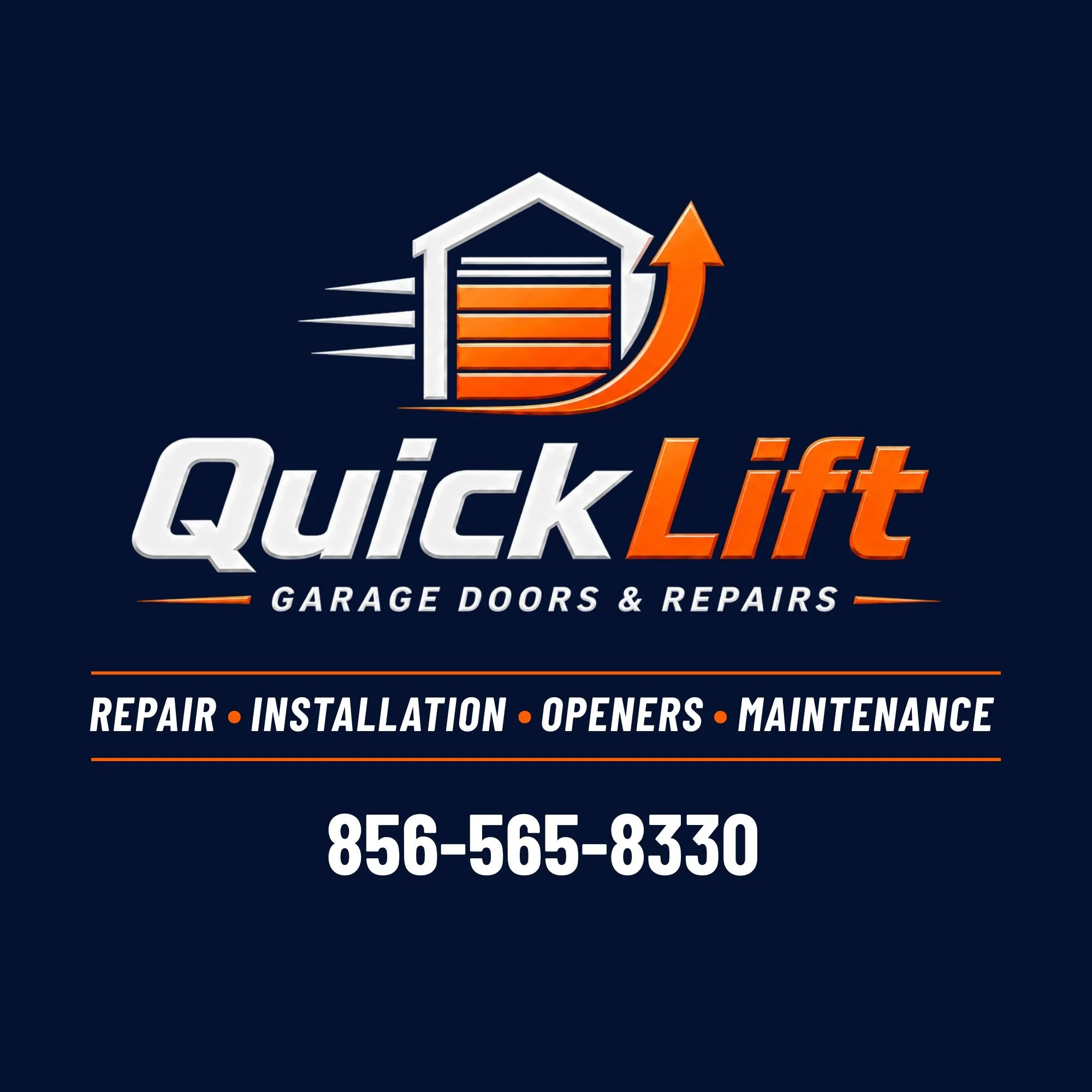 Logo for QuickLift Garage Doors & Repairs featuring a house outline with an upward arrow and garage door with horizontal lines, set against a dark blue background.