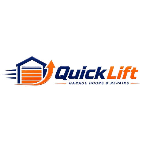 Logo for Quick Lift Garage Doors & Repairs, featuring a blue garage with an orange lift arrow and orange garage door, with the company name in blue and orange text.