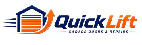 Logo for QuickLift Garage Doors & Repairs with a stylized garage door, an upward arrow, and colorful text.