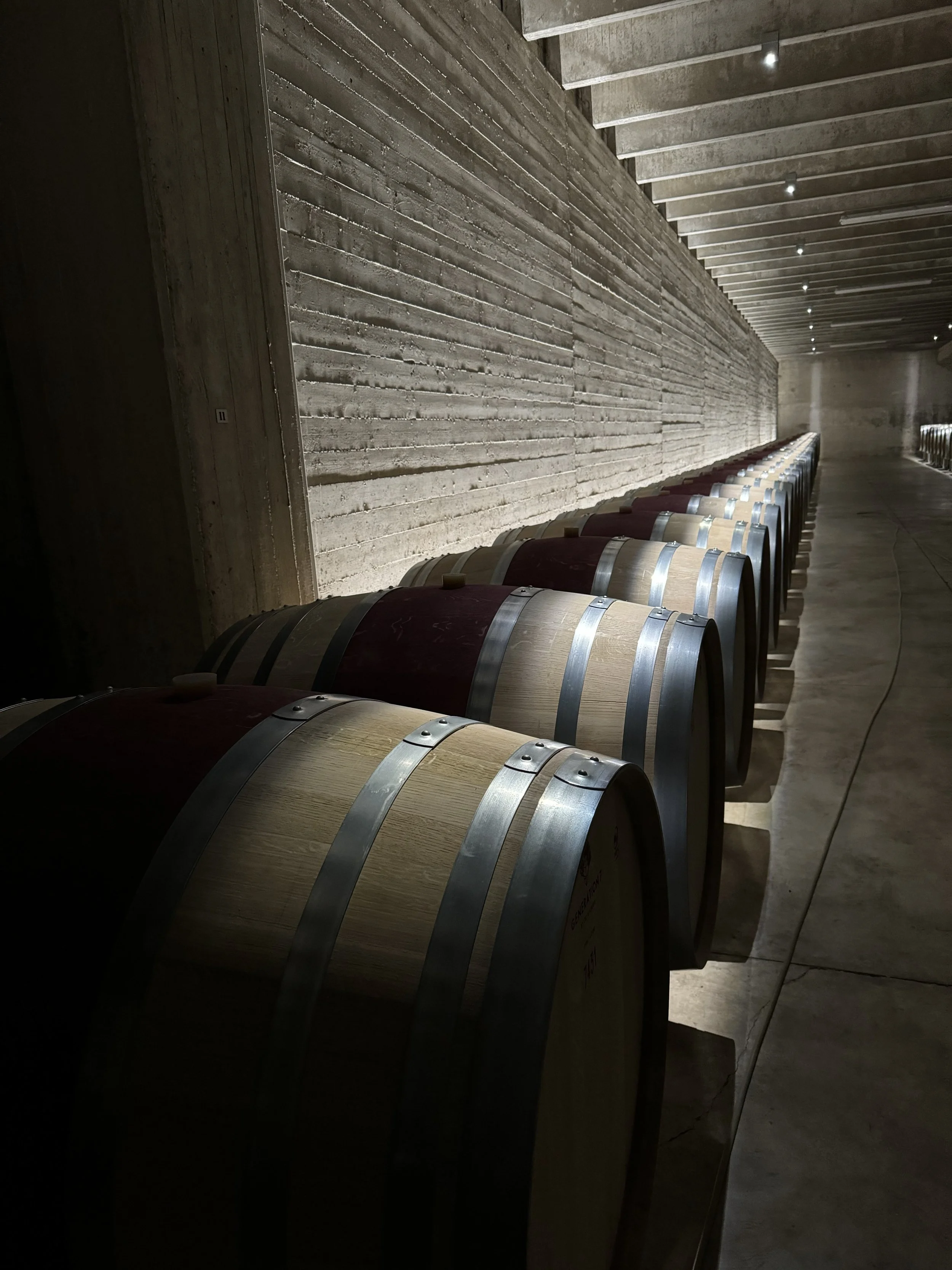 Wine barrels stored in a room with concrete walls and ceiling, illuminated by small ceiling lights.