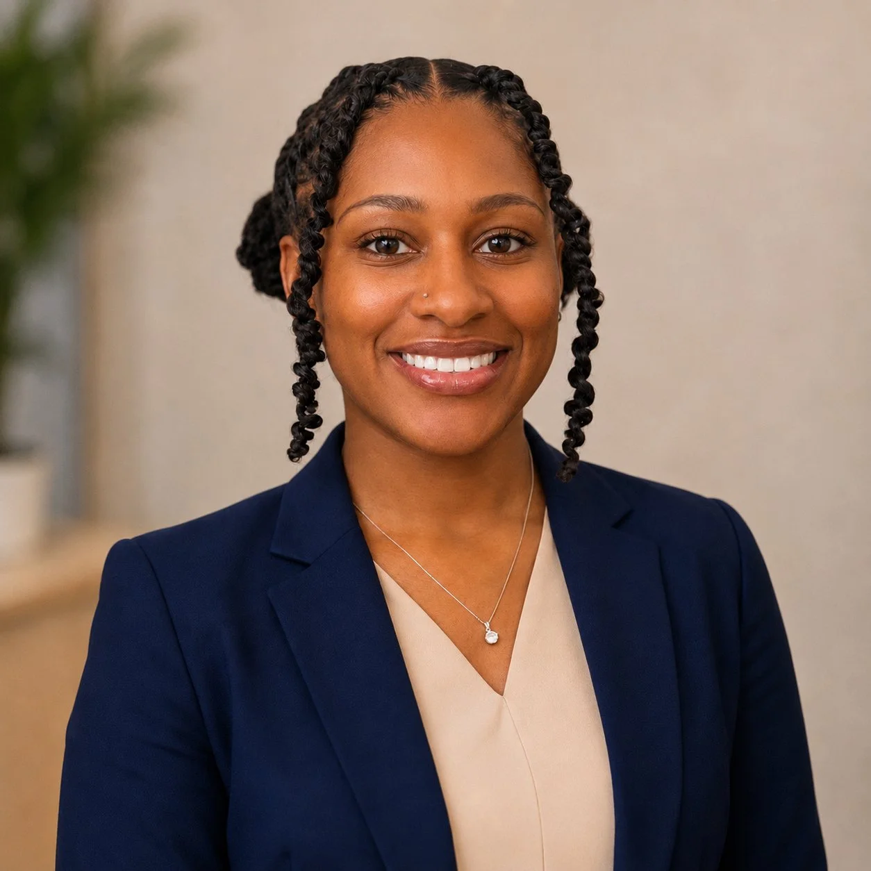 A smiling woman with curly hair styled in twists, wearing a navy blazer and a light-colored top with a necklace, in an indoor setting.