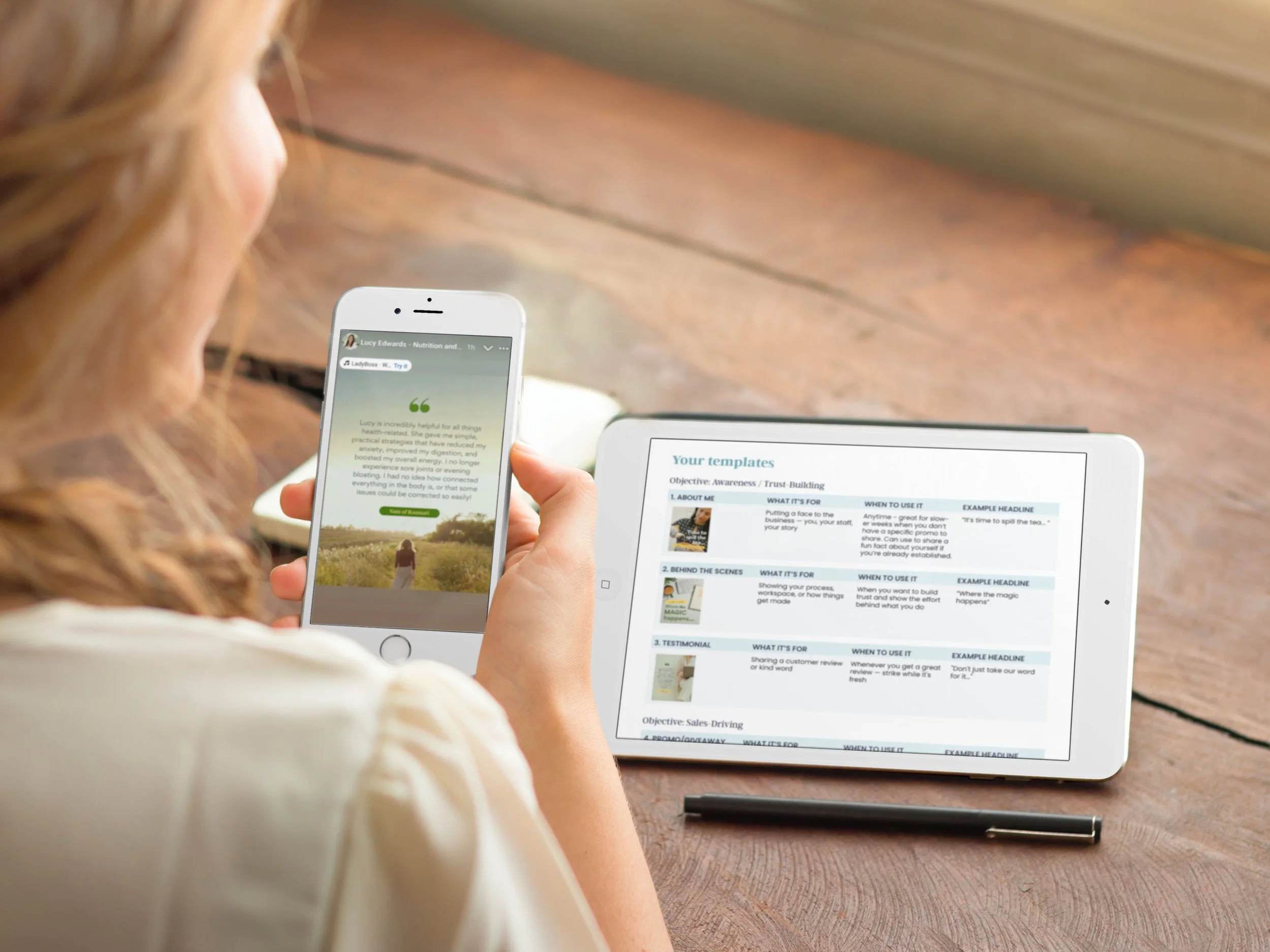 Examples of on-brand social media templates from Mopsy Creative's Social Media Design Kit