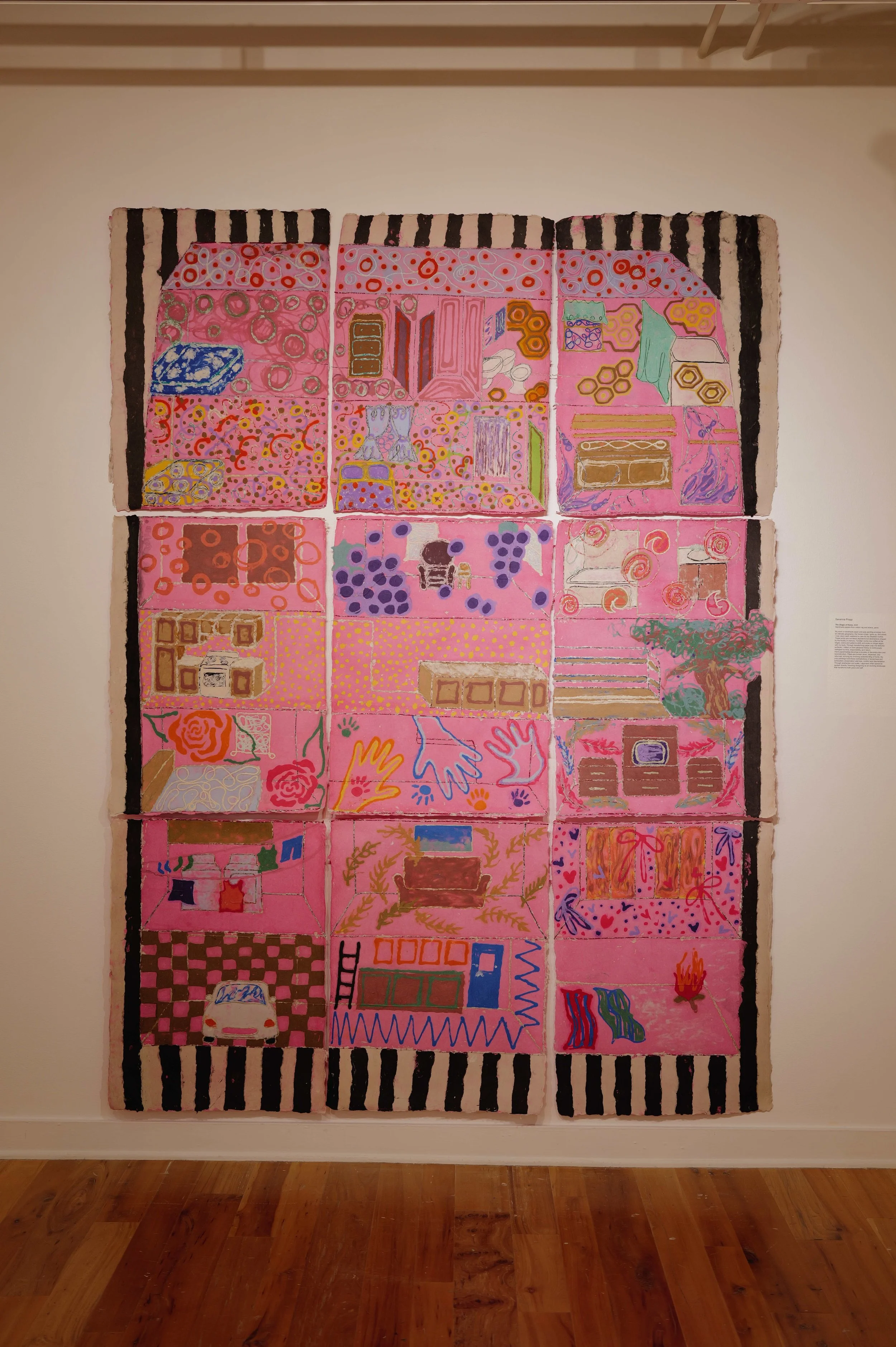 Colorful abstract artwork composed of small square panels, featuring various patterns, symbols, and shapes in pink, purple, red, green, and yellow hues, bordered by black and white striped edges.