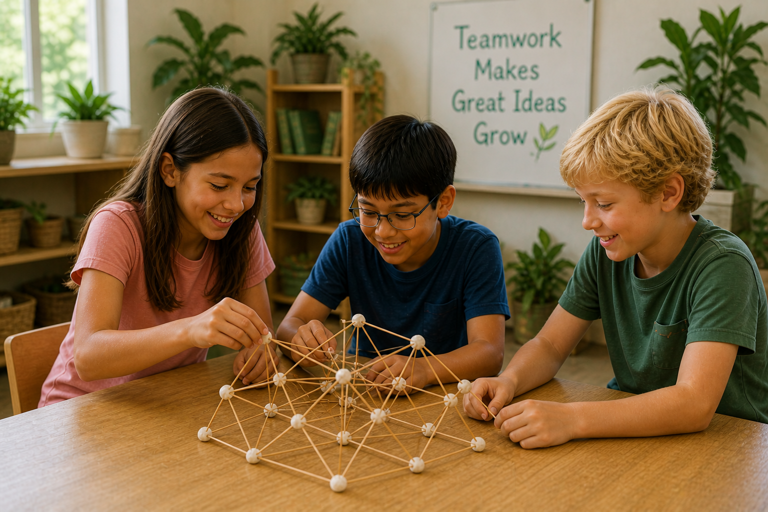 Three children working together to build a structure with wooden sticks and white connectors at a table in a classroom or learning space.