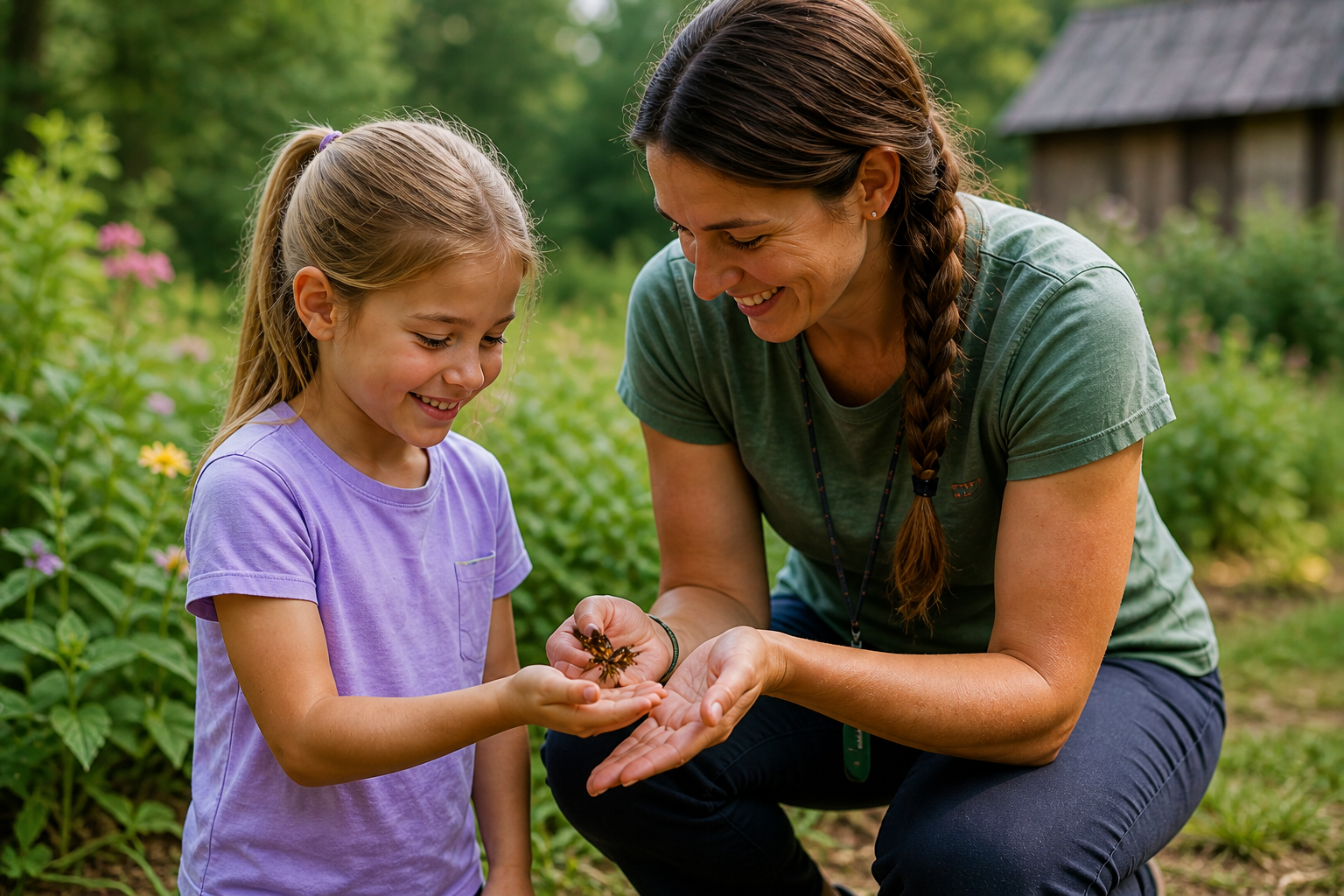 A woman and a young girl outdoors in a garden, both smiling, holding a large bug together.