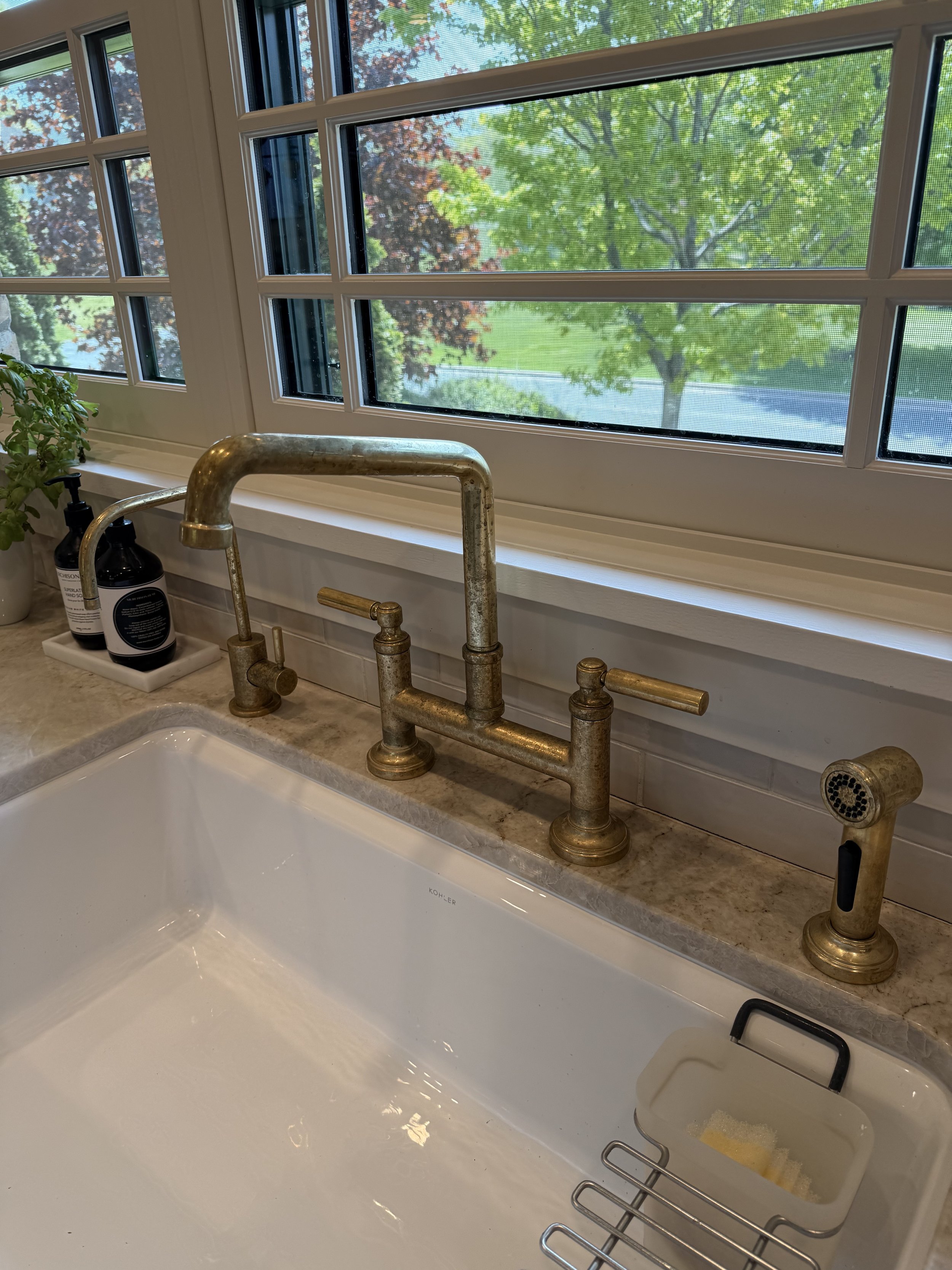 View of a kitchen sink with a brass faucet, soap dispenser, plant, and soap in a dish. Behind the sink is a large window showing trees outside with green and red leaves.