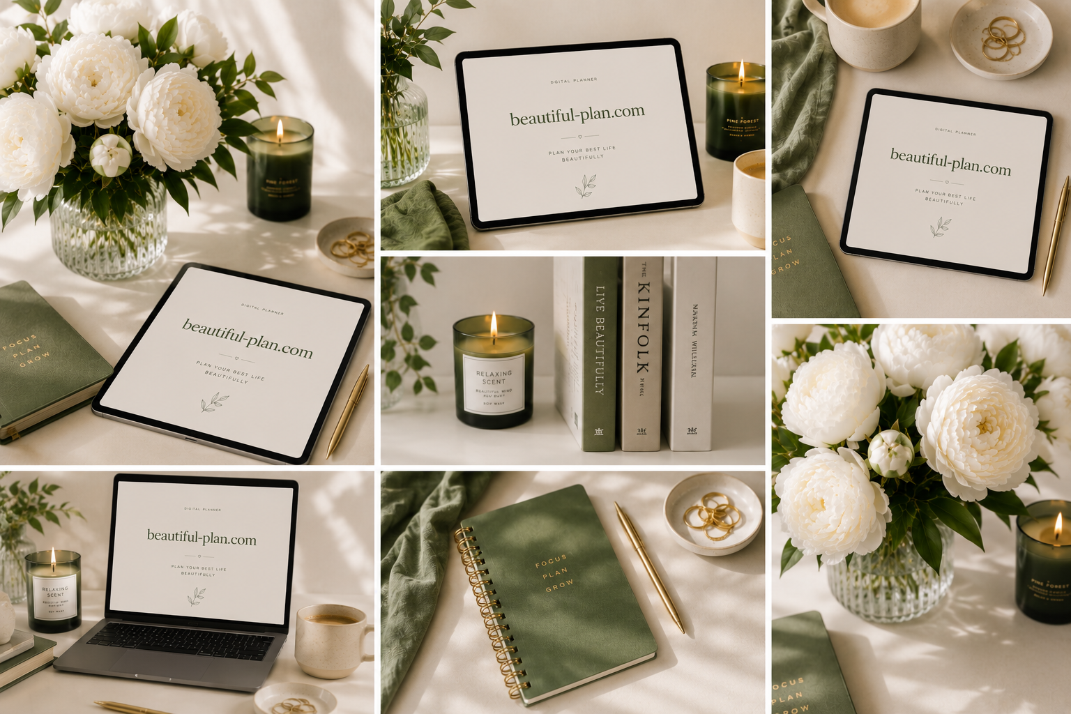 Collage of images showing a cozy workspace with a laptop, tablet, green notebook labeled "Focus Plan Grow," white flowers in a glass vase, candles, a cup of coffee, gold rings in a small dish, and books, all in soft natural lighting.