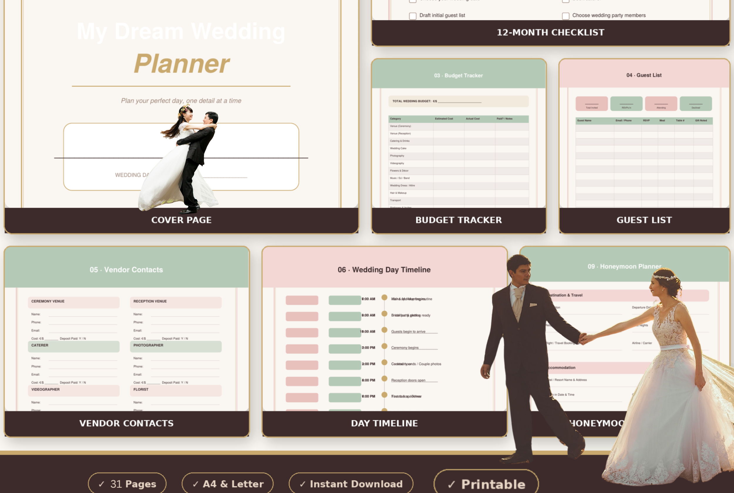 Wedding Planner PDF, Budget Tracker, Guest List, Bride to Be Gift, Instant Download, Printable