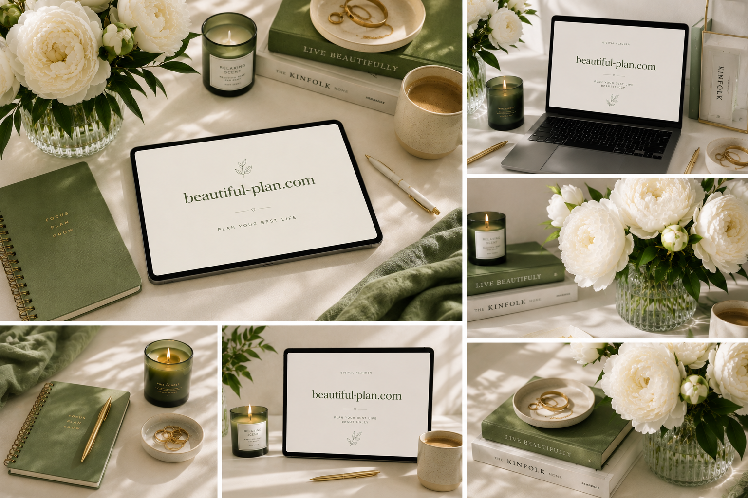 A workspace setup with a floral arrangement of white peonies in a glass vase, a candle labeled 'Relaxing Scent,' a gold pen, a coffee mug, a closed green notebook with gold lettering, and two books titled 'Live Beautifully' and 'The Kinfolk Home.' A tablet and a laptop display the website 'beautiful-plan.com' with minimalistic design. The scene is softly lit with natural sunlight.